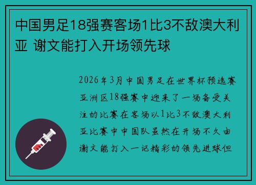 中国男足18强赛客场1比3不敌澳大利亚 谢文能打入开场领先球