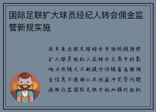 国际足联扩大球员经纪人转会佣金监管新规实施